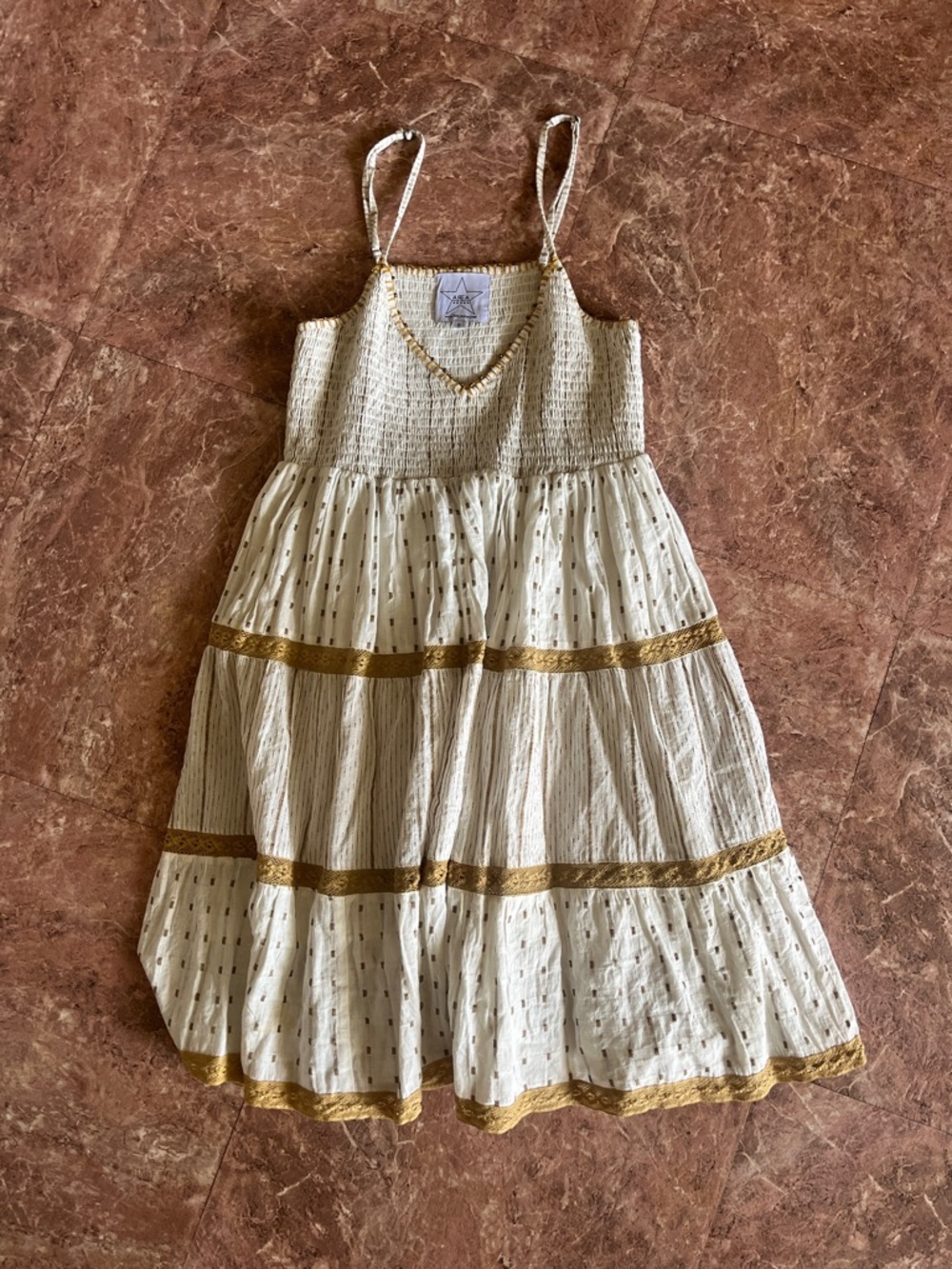 Sleeveless Cream Tiered Sundress with Gold Trim